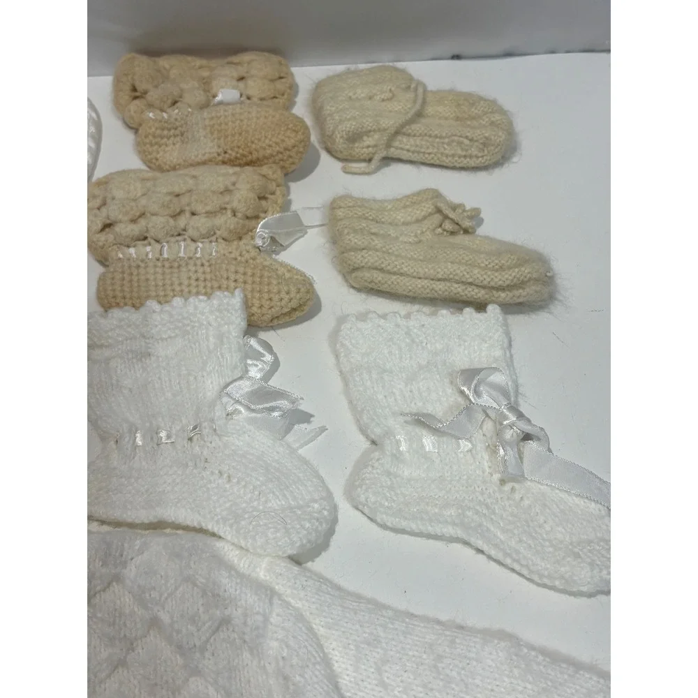 VTG Handmade Knit Baby Set NB White Vintage Style Cardigan Bonnet Booties Bib